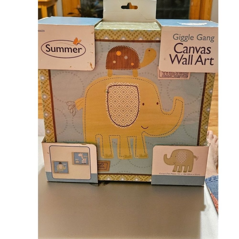 Giggle Gang Canvas Wall Art  Nursery Elephant Turtle Two Pieces Each 10in x 10in
